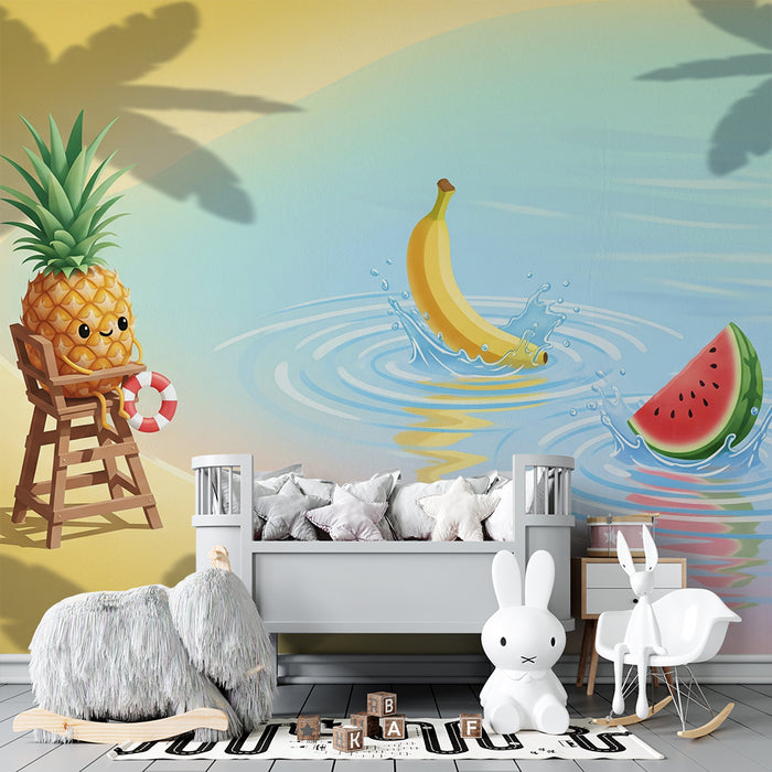 Carta da parati per cameretta | Ananas che sorveglia la spiaggia con frutti esotici