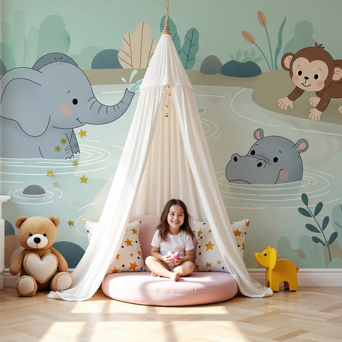 Papier peint chambre enfant | Animaux adorables au bord de l'eau