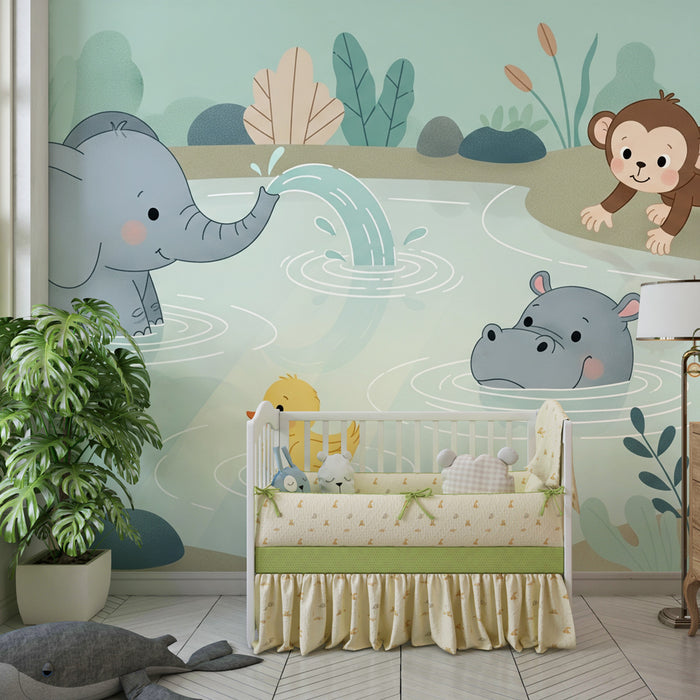 Papier peint chambre enfant | Animaux adorables au bord de l'eau