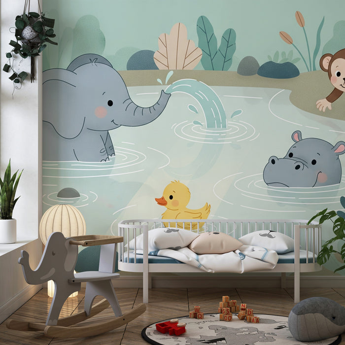 Papier peint chambre enfant | Animaux adorables au bord de l'eau