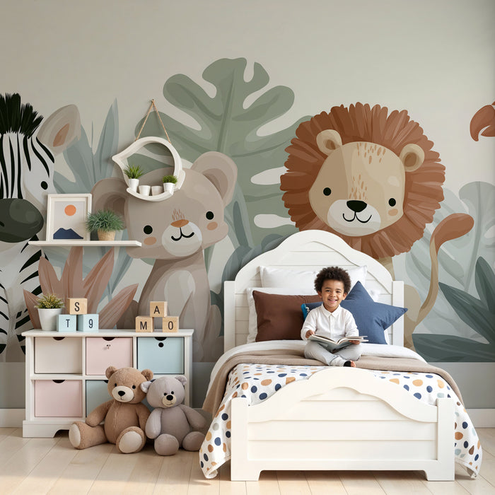 Kids room wallpaper | Armsad džungli loomad õrnades värvitoonides