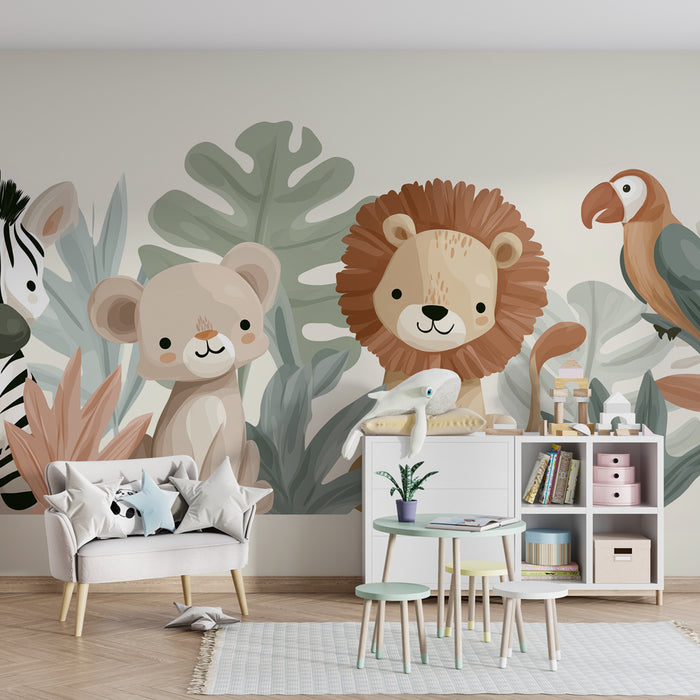 Kids room wallpaper | Armsad džungli loomad õrnades värvitoonides