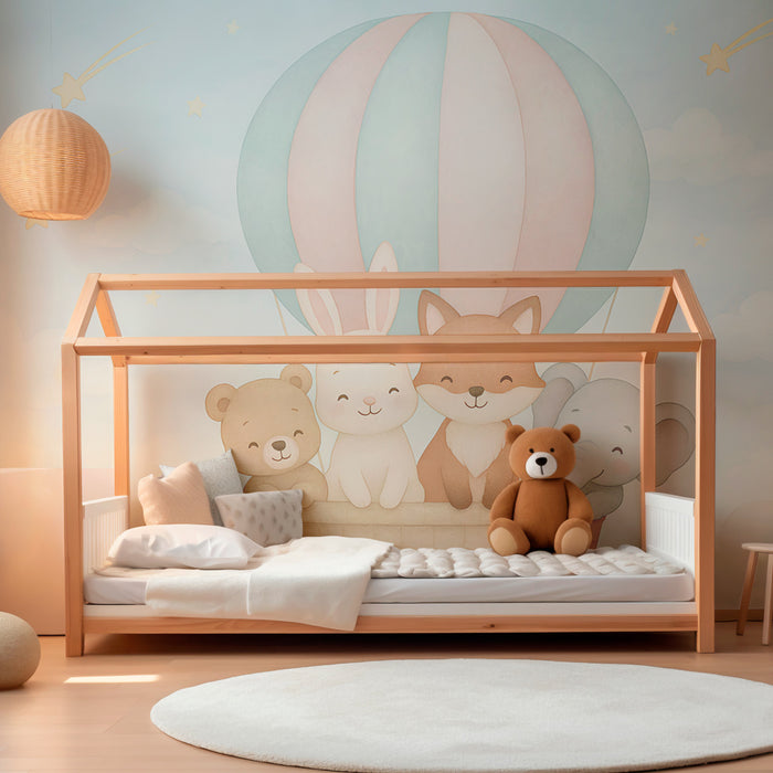 Kinderzimmer Tapete | Niedliche Tiere in einem Heißluftballon