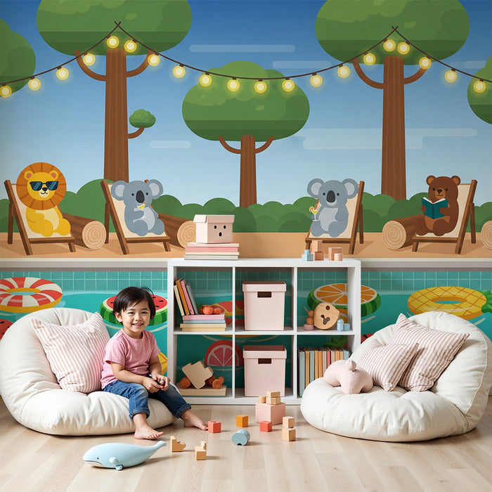 Papel de parede infantil | Animais divertidos na piscina com bóias coloridas