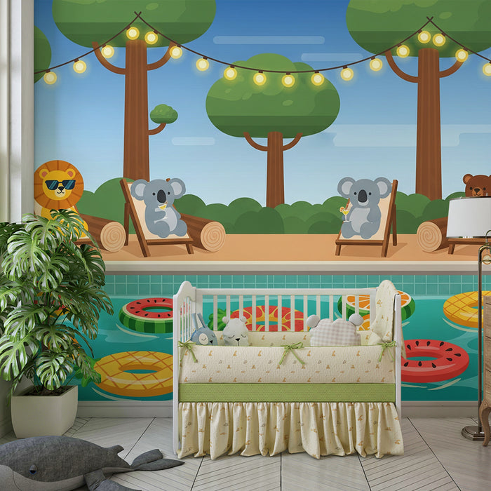 Papel de parede infantil | Animais divertidos na piscina com bóias coloridas