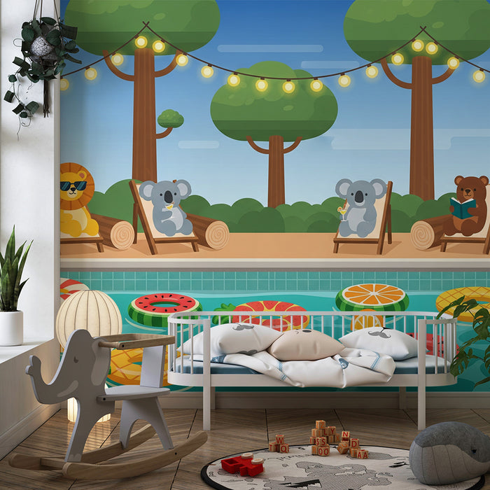 Papel de parede infantil | Animais divertidos na piscina com bóias coloridas