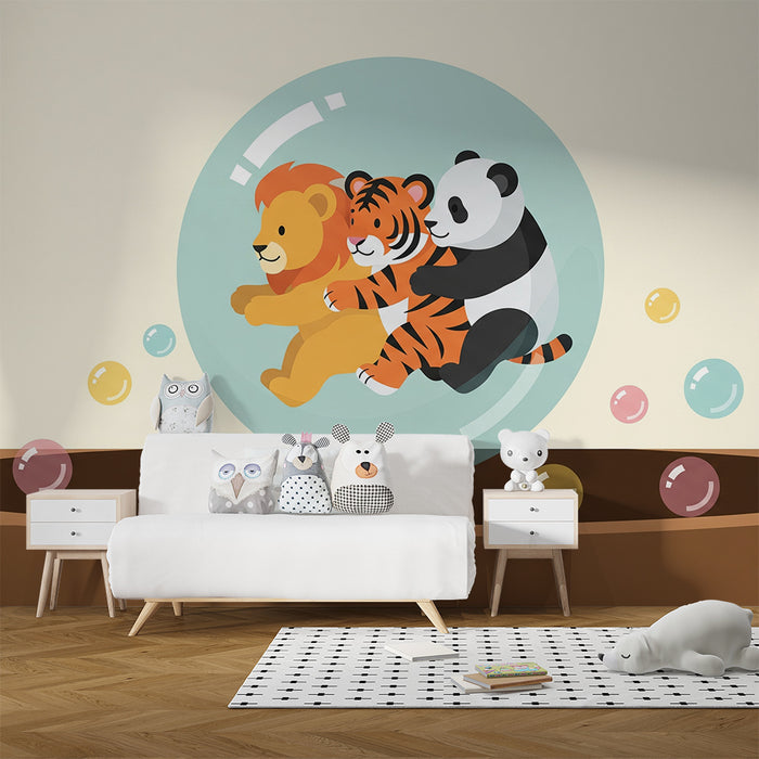 Papier peint chambre enfant | Animaux amusants dans une bulle de savon