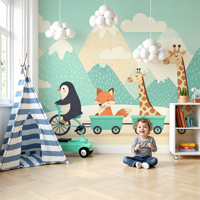 Dětská tapeta | Zábavná zvířata cestující v horách