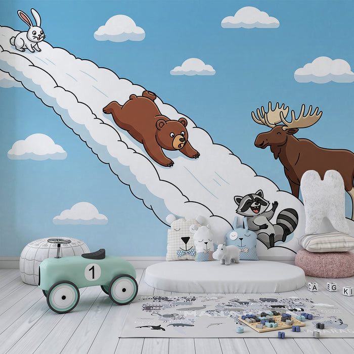Papier peint chambre enfant | Animaux amusants glissant sur des nuages
