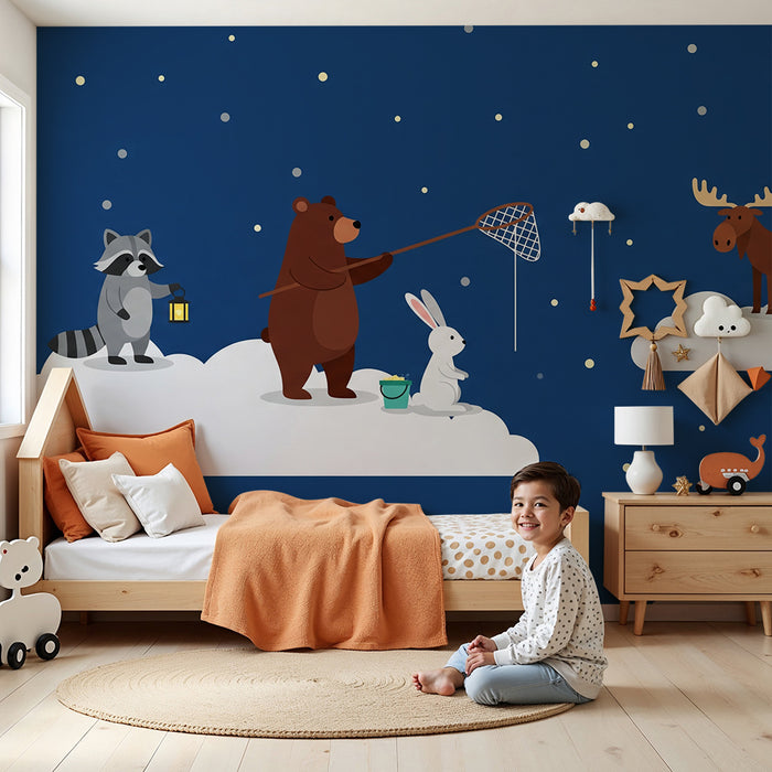 Kinderzimmer Tapete | Lustige Tiere auf Sternenwolken