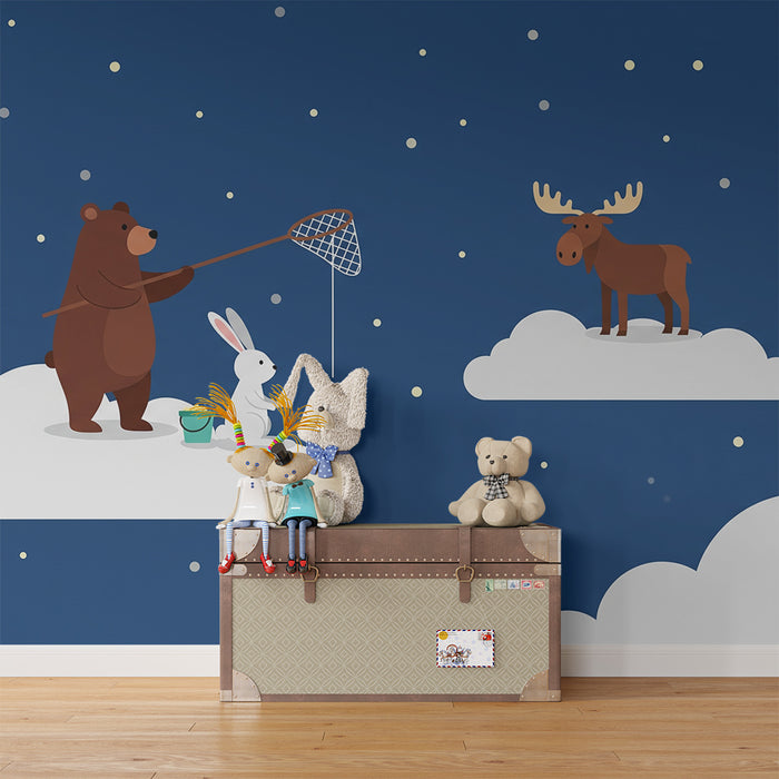 Kinderzimmer Tapete | Lustige Tiere auf Sternenwolken