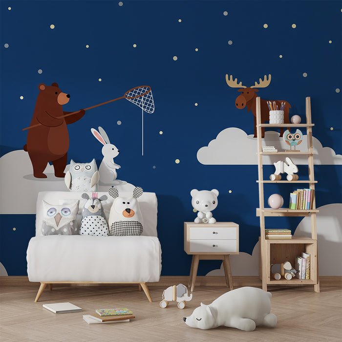 Kinderzimmer Tapete | Lustige Tiere auf Sternenwolken