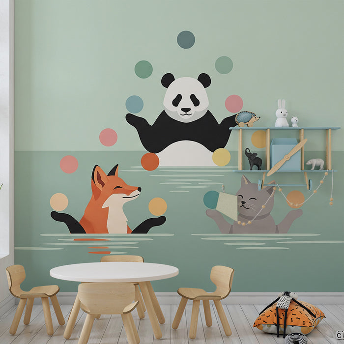 Tapeta dětského pokoje | Zábavní vodní zvířata s žonglujícím pandou