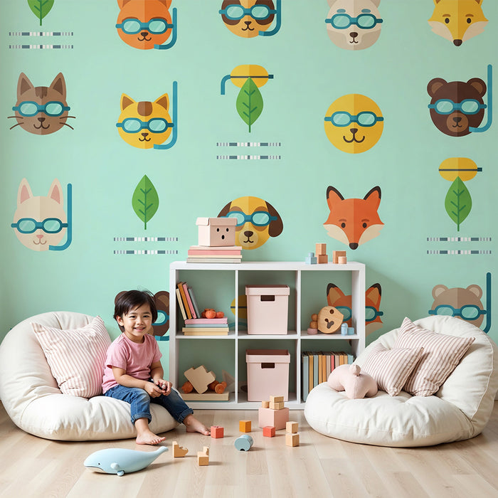 Kinderzimmer-Tapete | Unterwasser-Tiere mit Taucherbrille auf Pastellgrund