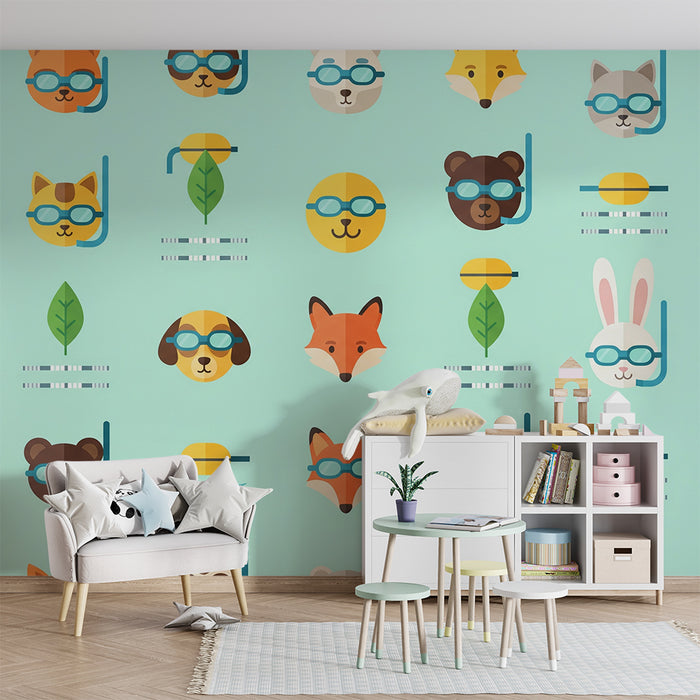 Kinderzimmer-Tapete | Unterwasser-Tiere mit Taucherbrille auf Pastellgrund