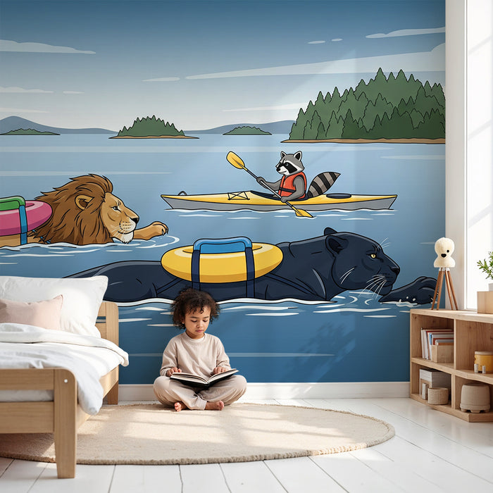 Kinderzimmer-Tapete | Unterwasser-Tiere im Urlaub mit bunten Schwimmreifen