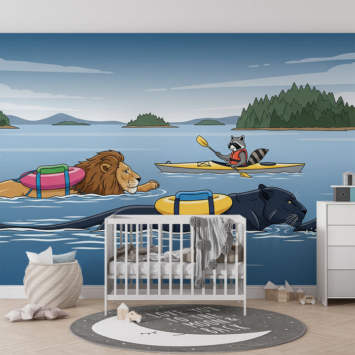 Kinderzimmer-Tapete | Unterwasser-Tiere im Urlaub mit bunten Schwimmreifen