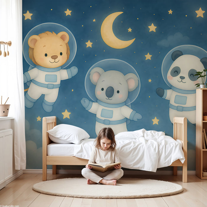 Papier peint chambre enfant | Animaux astronautes dans l'espace