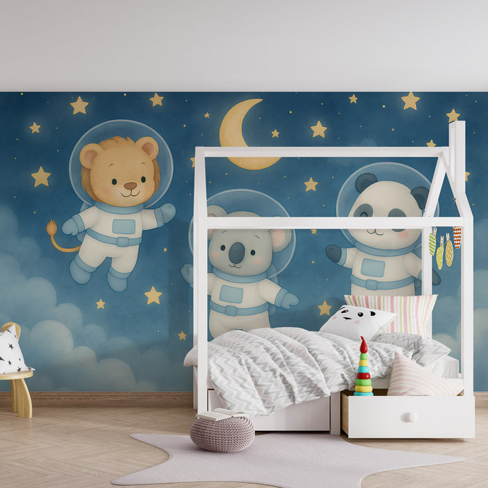 Papier peint chambre enfant | Animaux astronautes dans l'espace