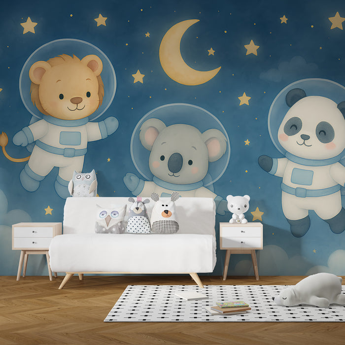 Papier peint chambre enfant | Animaux astronautes dans l'espace