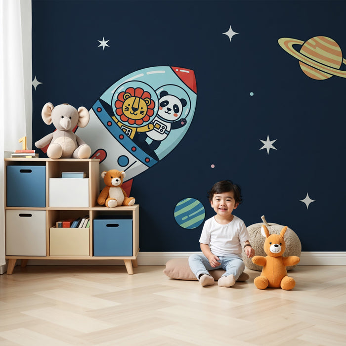 Kinderzimmer Tapete | Weltraumtiere und Rakete