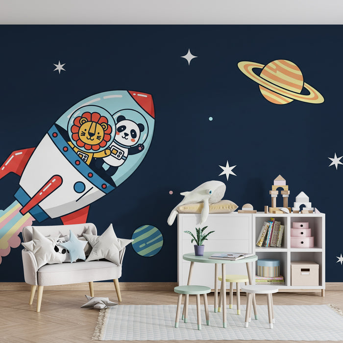 Kinderzimmer Tapete | Weltraumtiere und Rakete