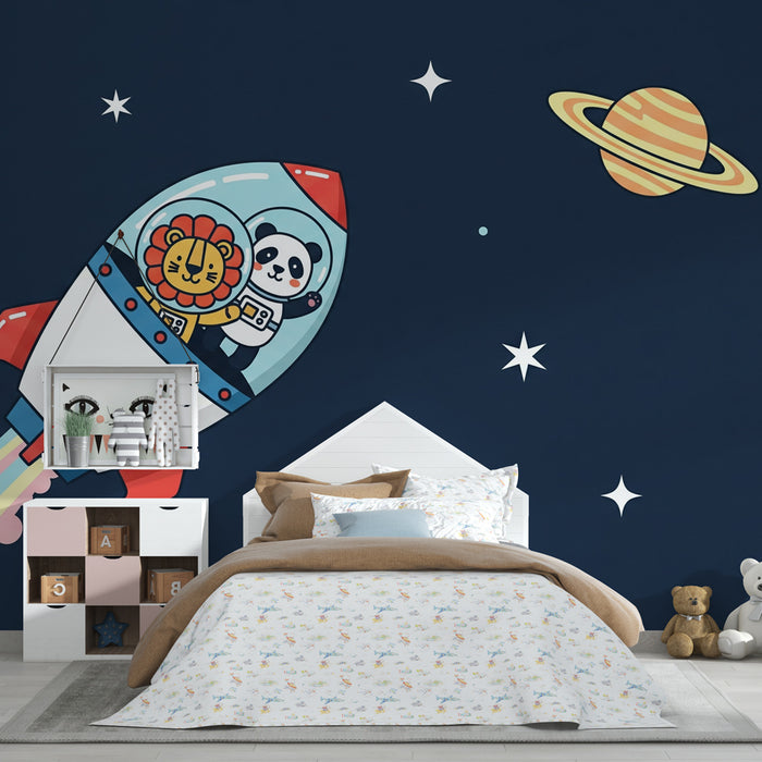 Kinderzimmer Tapete | Weltraumtiere und Rakete