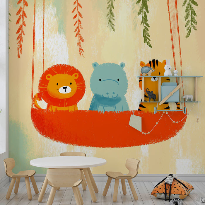 Papier peint chambre enfant | Animaux colorés en balançoire