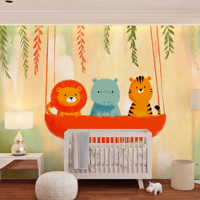 Papier peint chambre enfant | Animaux colorés en balançoire