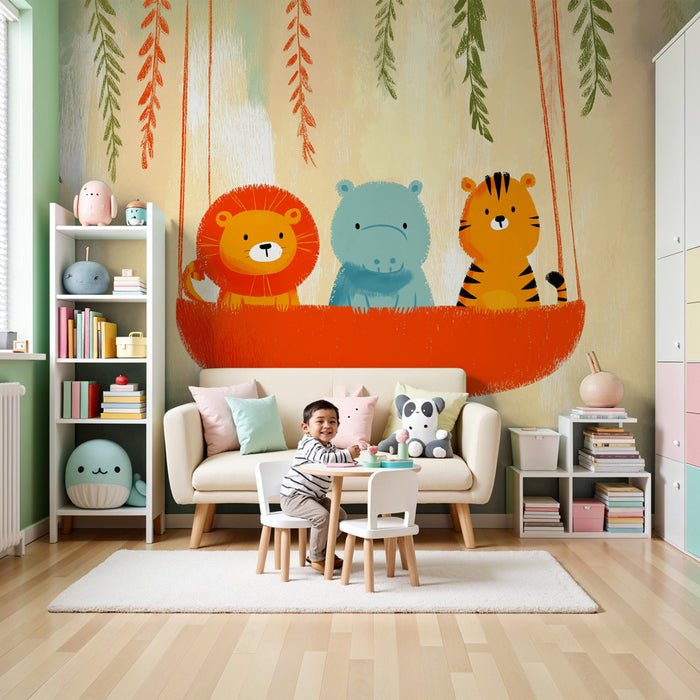 Papier peint chambre enfant | Animaux colorés en balançoire