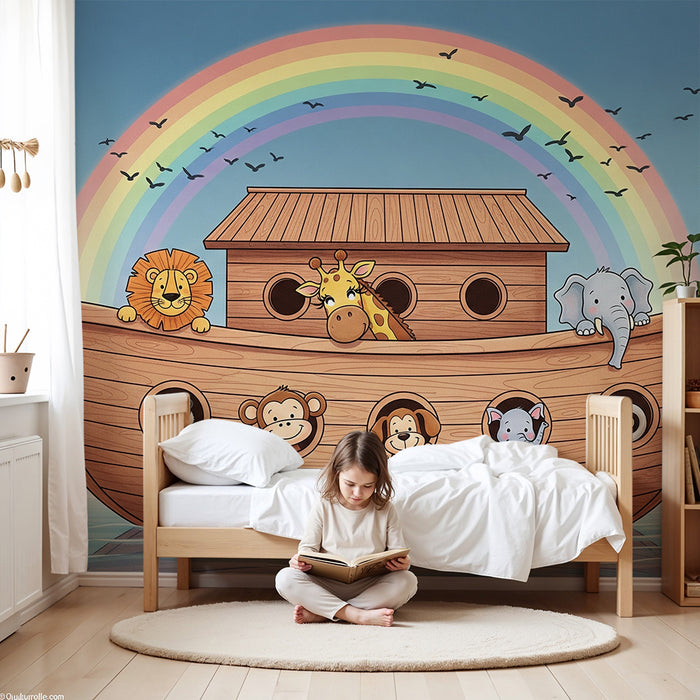 Kids' room wallpaper | Colorful animals on a boat with a rainbow