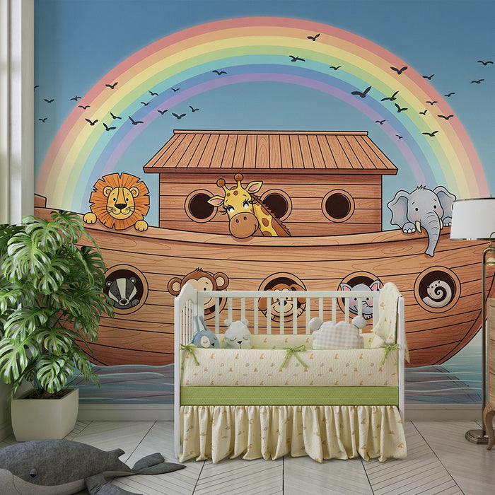 Kids' room wallpaper | Colorful animals on a boat with a rainbow