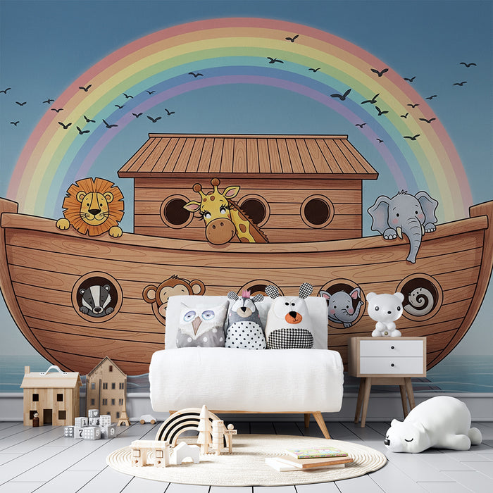 Kids' room wallpaper | Colorful animals on a boat with a rainbow