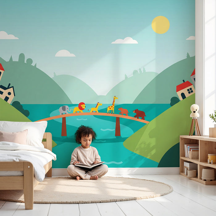 Gyermekszobai tapéta | Színes állatok egy hídon a természetben