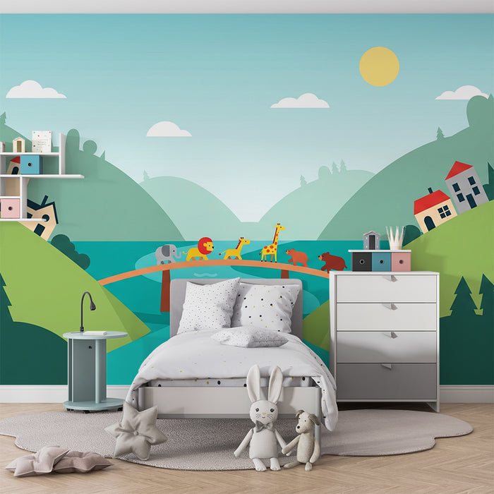 Gyermekszobai tapéta | Színes állatok egy hídon a természetben