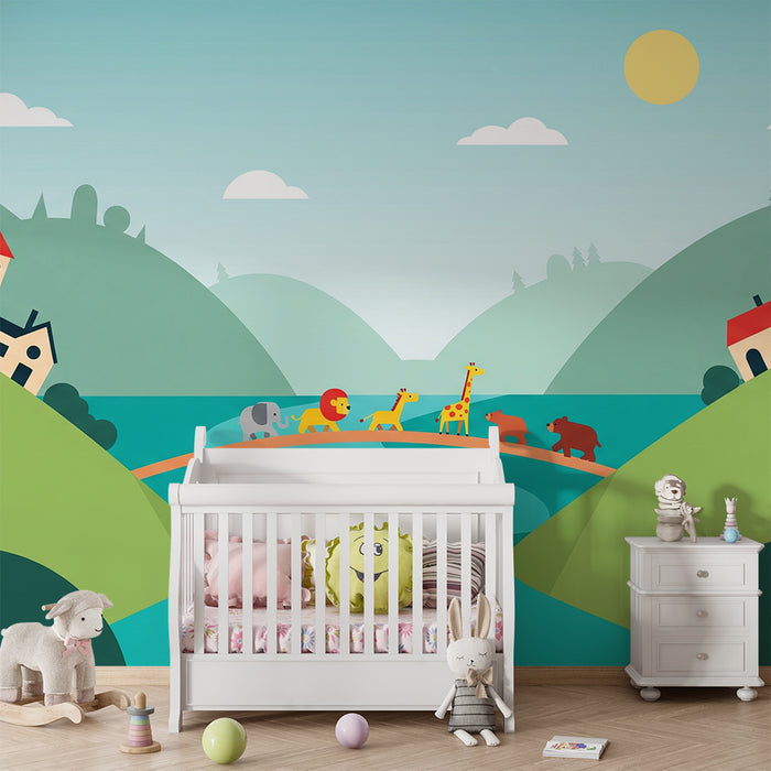 Gyermekszobai tapéta | Színes állatok egy hídon a természetben