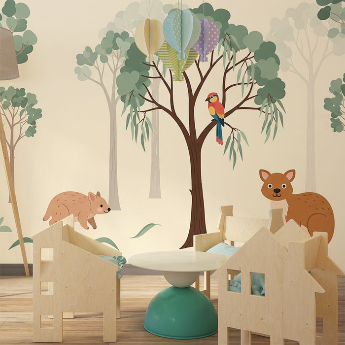 Kids' Room Wallpaper | Australian Animals in a Soft, Soothing Forest