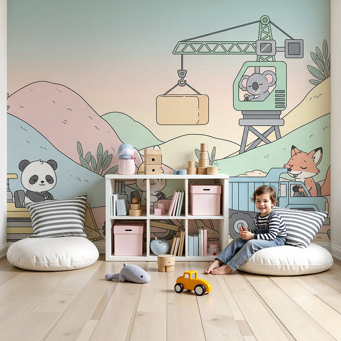 Kids room wallpaper | Construction site animals in full action