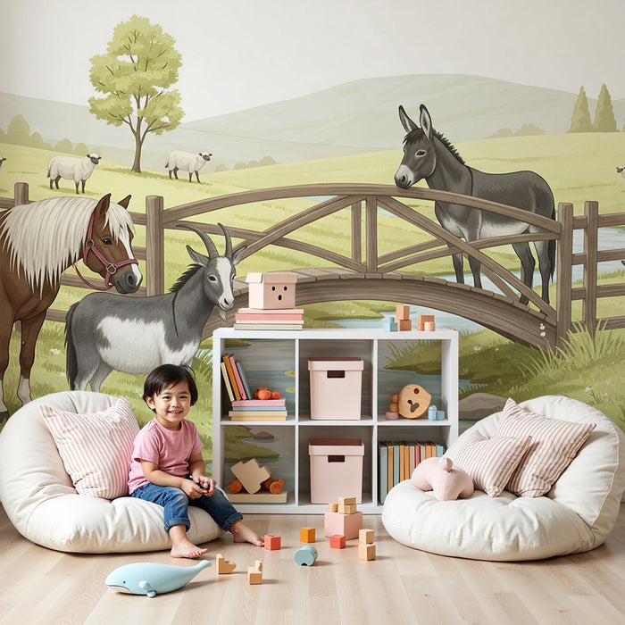 Children's bedroom wallpaper | Farm animals by a peaceful stream