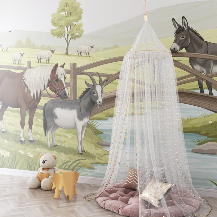 Children's bedroom wallpaper | Farm animals by a peaceful stream
