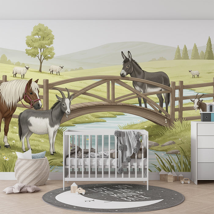 Children's bedroom wallpaper | Farm animals by a peaceful stream