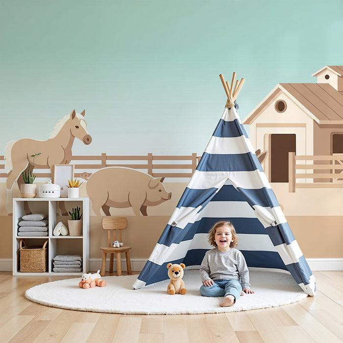 Papel de parede infantil | Animais da quinta com cavalo, porco e coelho