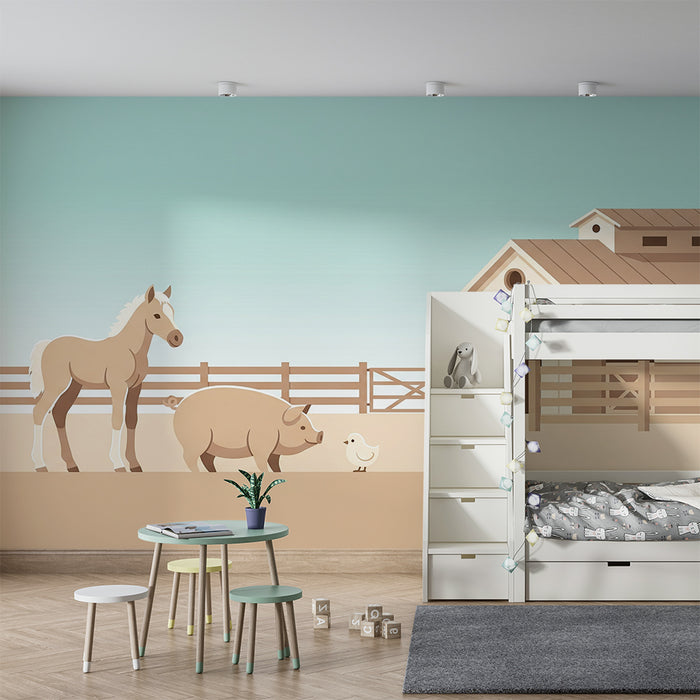 Papel de parede infantil | Animais da quinta com cavalo, porco e coelho