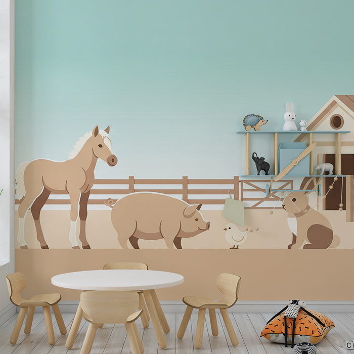 Papel de parede infantil | Animais da quinta com cavalo, porco e coelho