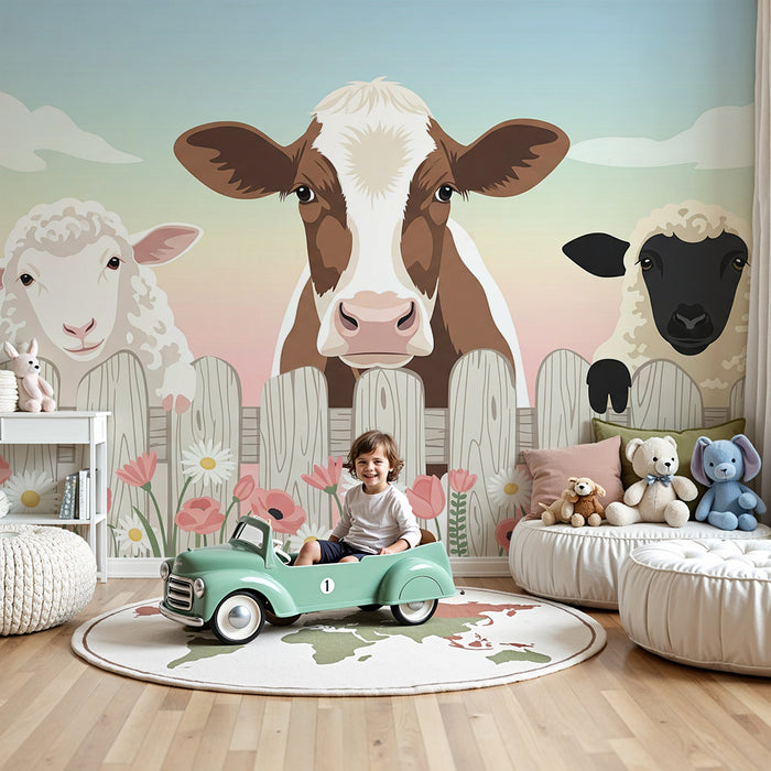 Gyermekszoba tapéta | Vidéki állatok színes virágokkal