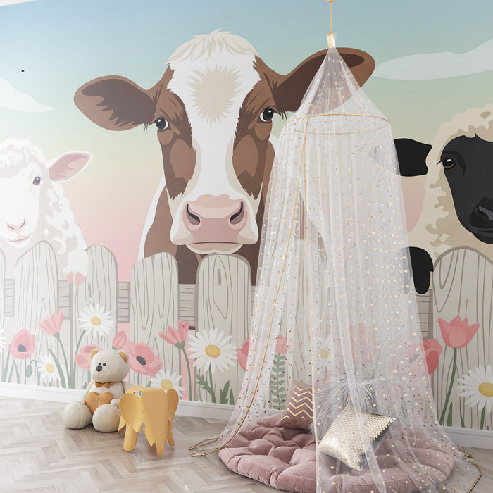 Gyermekszoba tapéta | Vidéki állatok színes virágokkal