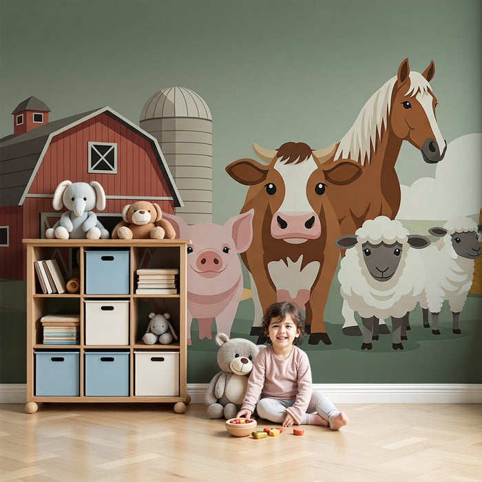 Papier peint chambre enfant | Animaux de la ferme avec grange rouge et paille