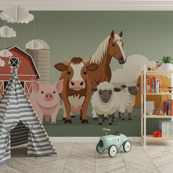 Papier peint chambre enfant | Animaux de la ferme avec grange rouge et paille