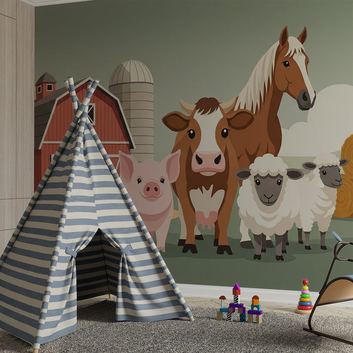 Papier peint chambre enfant | Animaux de la ferme avec grange rouge et paille