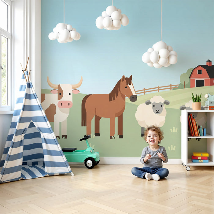 Children's bedroom wallpaper | Farm animals with pastoral landscape